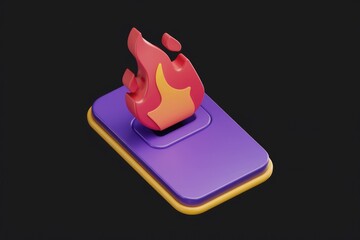 Poster - A 3D rendering of a purple phone with a fire symbol on top  symbolizing phone overheating.