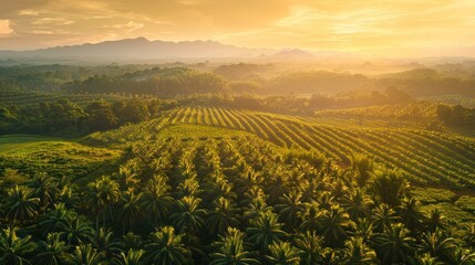 Wall Mural - golden hour over tropical palm plantation and mountain range