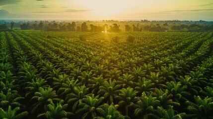 Wall Mural - aerial view of palm tree plantation at sunset