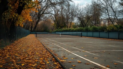 Poster - Tennis Court Surrounded by Fall Foliage and Trees