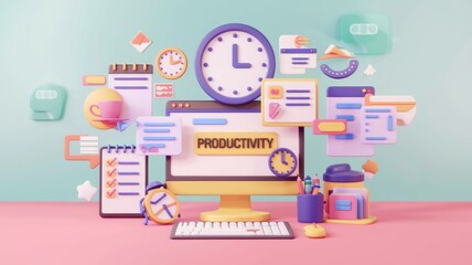 Fototapete - 3D illustration of productivity concept with various work tools