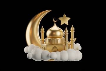 Aufkleber - A golden mosque with a crescent moon and star on clouds
