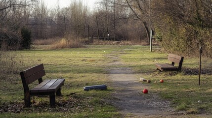 Poster - Two Wooden Benches Along a Grassy Path in a Woodland Setting