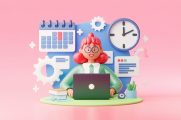Poster - A 3D illustration of a woman working on her laptop with office supplies around her.