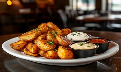 Wall Mural - A plate of seasoned potato wedges with dipping sauces.