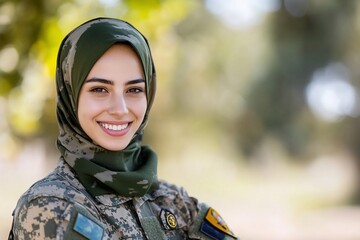 A smiling woman in military attire wearing a hijab outdoors.