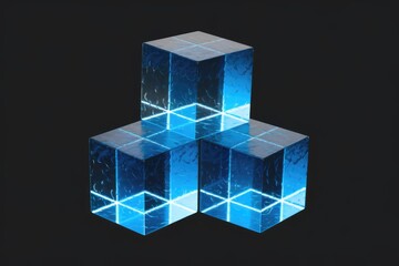 Fototapete - Three transparent blue cubes stacked on a transparent background.