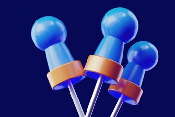 Poster - Three blue and orange push pins on a blue background.