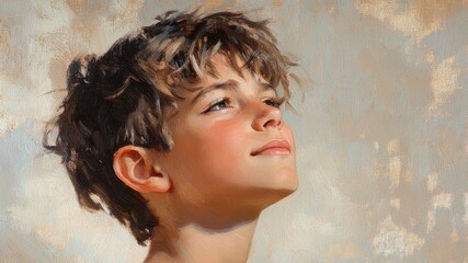 A Close-Up Oil Painting of a Young Boy Looking Upward