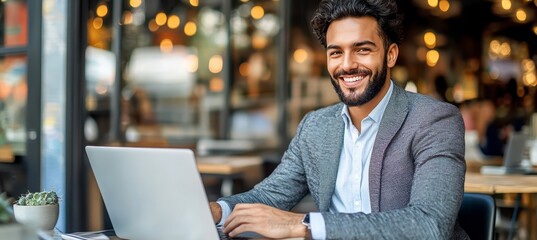 Smiling Entrepreneur Working Remotely at Cafe, Enjoying Productivity and Urban Lifestyle