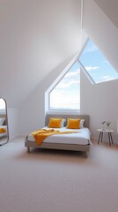 Minimalist attic bedroom, slanted ceiling, skylight window, bright natural light, white walls, modern bed with yellow and white bedding, wooden nightstand, round mirror, cozy interior design, Scandina