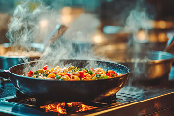 Chef is cooking food in a pan with a lot of smoke and fire. The pan is filled with vegetables and meat, and the chef is stirring it. The scene is intense and dramatic, with the fire