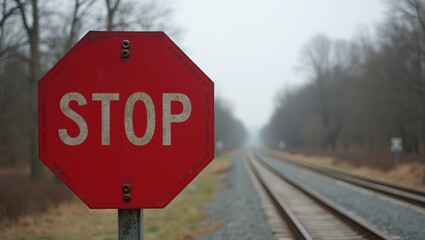 Vintage STOP sign at railroad crossing