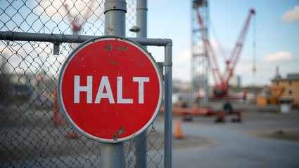 Red HALT sign on fence at construction site cranes in background