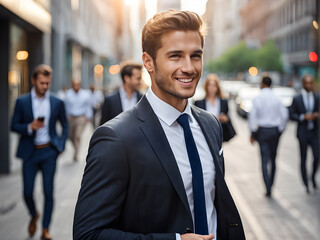 Smiling young businessman wearing navy blue suit jacket over a white shirt with necktie against blurred downtown city view background