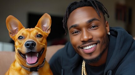 A young man with a warm smile poses with his cheerful dog on a comfortable sofa, both enjoying the bright and inviting atmosphere of their stylish home