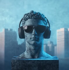 ancient statue with modern headphones and sunglasses in a futuristic cityscape