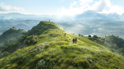 Wall Mural - hikers on a mountain path in a lush green valley