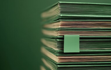 Fototapete - Stack of organized paperwork, green backdrop