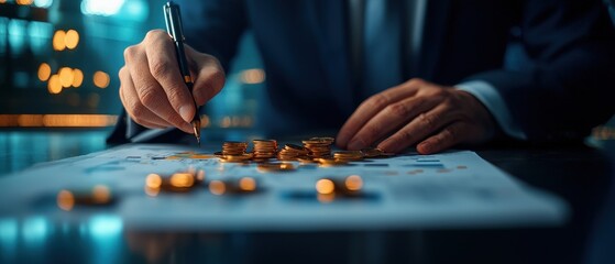 Poster - Businessman analyzing finances with coins.