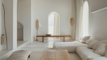Aufkleber - A refined and airy living room design with a white canvas backdrop, Minimalist furniture arranged to maximize space, Minimalist futuristic style