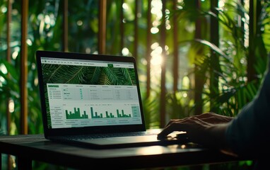Poster - laptop analysis with data and greenery backdrop