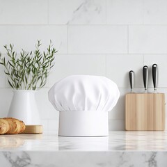 Minimalist chef hat with smooth curves, set on a glossy marble surface, Chef Hat, Clean and modern 3D mockup