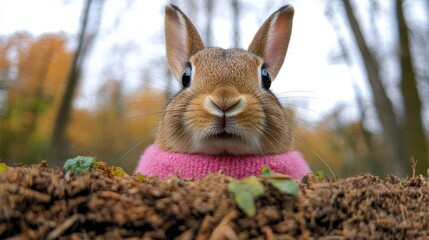 Cute Rabbit in Pink Sweater Looking at Camera in Autumn Forest