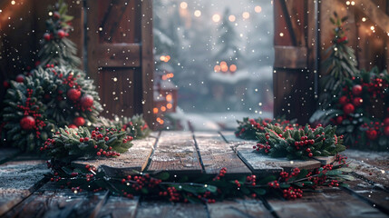 Poster - A rustic wooden podium surrounded by wreaths made of holly, pine needles, and cranberries, snow gently falling in a cozy winter cottage setting.