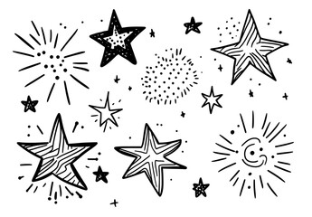 Wall Mural - Detailed doodle illustration of line star glitter shine. Modern illustration of star shine glow, spark glitter, sparkle light. Hand drawn sketch doodles.