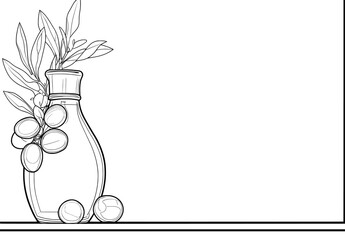 An icon with a continuous one-line drawing of a bottle with olive oil and olives