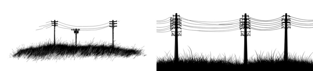 towers with tangent lines; high voltage pole, electric wire and telephone cable; poles network; brok