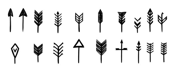 Poster - Set of modern hand-drawn arrow icons with grunge marker scribbles, handmade curve brushstrokes, sketch direction shapes, marks, pen drawings. Black graphic elements in an artistic punk style.