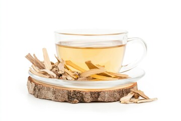 Poster - A warm cup of tea with a wooden slice on the side, perfect for a cozy moment