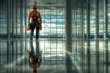 Poster - A construction worker walks through a building site, hard hat and vest visible
