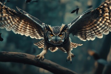 Poster - A flying owl perched on a tree branch in the forest