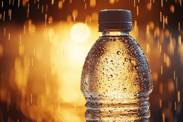 Poster - A clear plastic water bottle sits on a tabletop, perfect for still life photography or illustrating a beverage-related concept