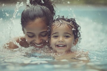 Poster - A mother and child enjoy time together in a swimming pool