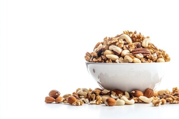 Poster - A close-up shot of a white bowl filled with nuts sitting on a table
