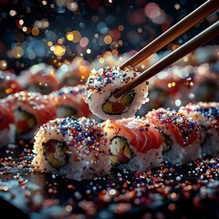 An elegant display of sushi rolls being picked up with chopsticks, adorned with colorful sprinkles, capturing a festive and vibrant mood.