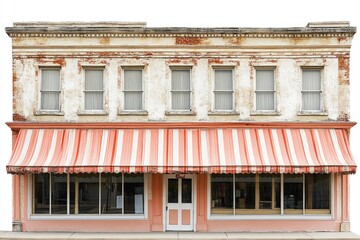 Poster - A vintage-style building with a bright red awning, perfect for use in nostalgic or retro-themed designs
