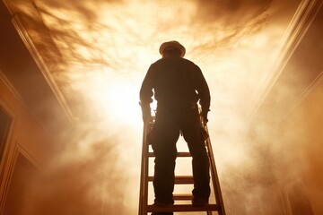 Poster - A person standing on a ladder in a room, possibly working or fixing something