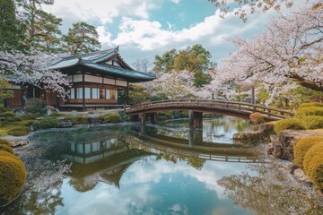 Aufkleber - A serene scene of a traditional Japanese-style bridge spanning a peaceful pond in a well-manicured garden