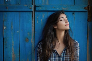 Aufkleber - A woman stands in front of a blue door, looking thoughtful