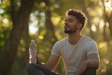 Poster - A person sitting on the ground holding a bottle of water
