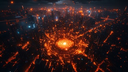 A futuristic city with glowing orange lights and a central circular structure.