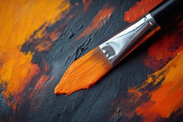 Poster - Close-up view of a paint brush on a painting board, ready for creative work