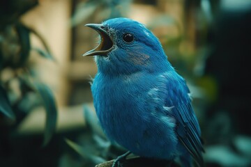 Poster - A blue bird sits quietly on a branch, its mouth open