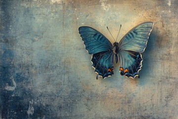 Aufkleber - A blue butterfly perches on the edge of a wall, its wings spread wide