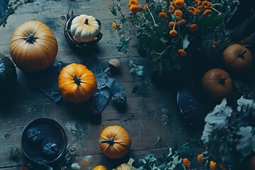Poster - A collection of pumpkins arranged on a wooden table, perfect for fall decorations or harvest-themed events